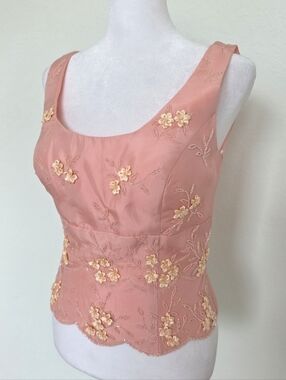 Y2K Pink Beaded Floral Tank Top M Fairycore Coquette Satin Embroidered Corset